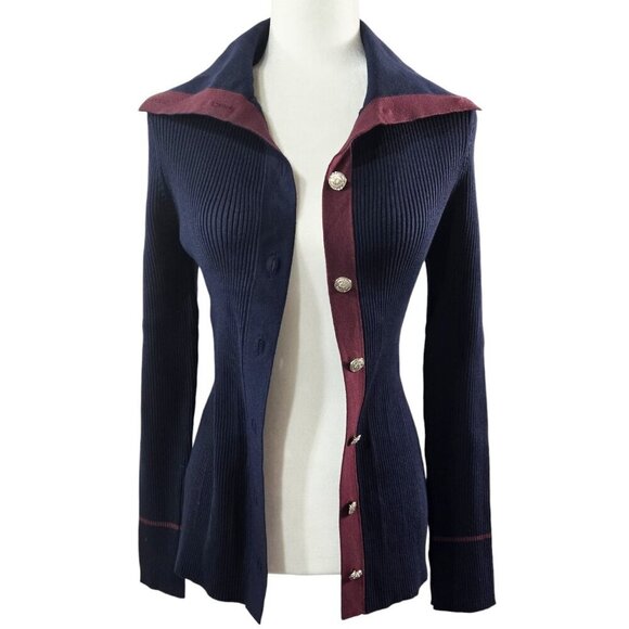 White House Black Market NWT Officer Blue Ribbed Contrast Button-Up Cardigan - Picture 1 of 8